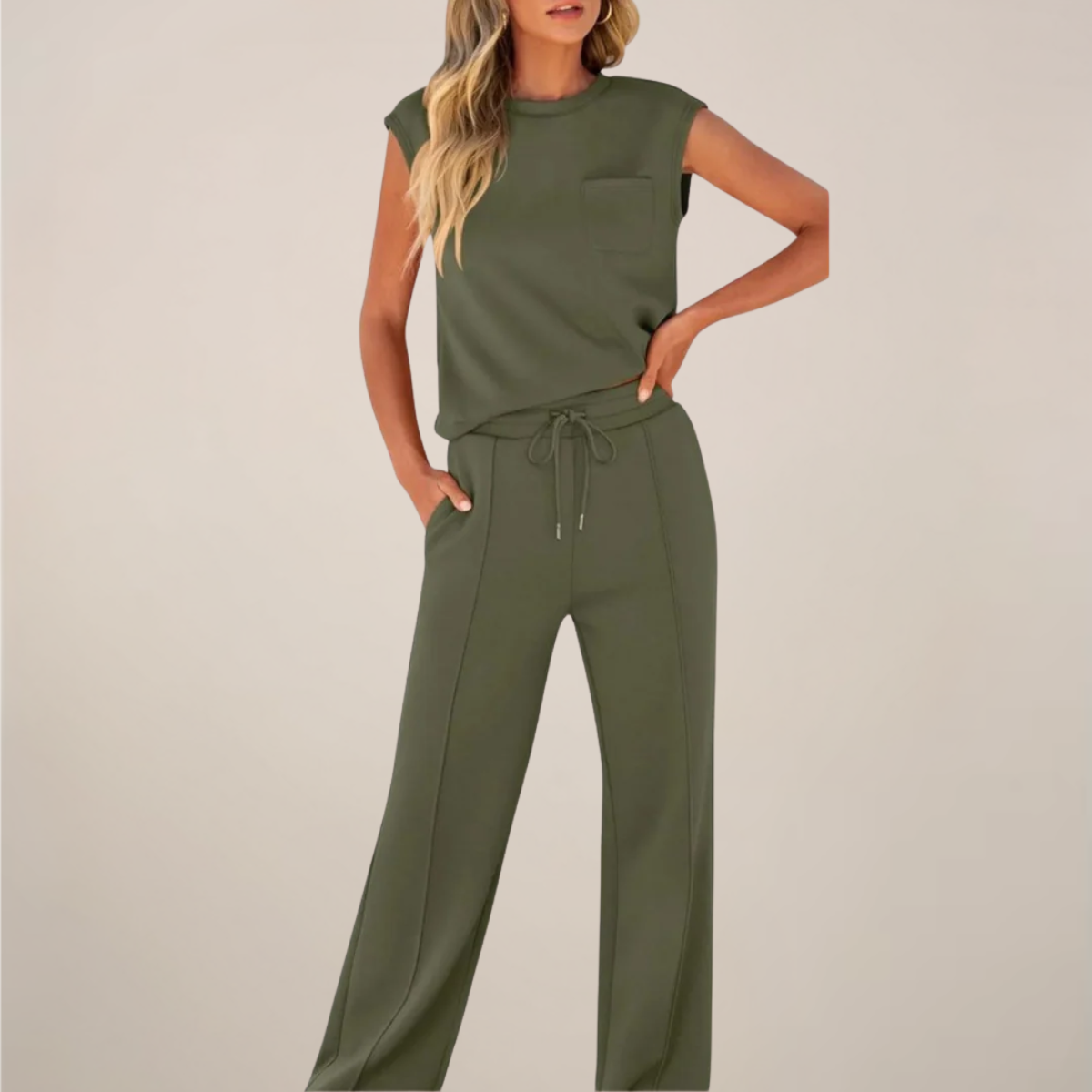 Black Charlotte women's two-piece pants set with relaxed fit and drawstring waist from Lumina Wear, casual and comfortable style.