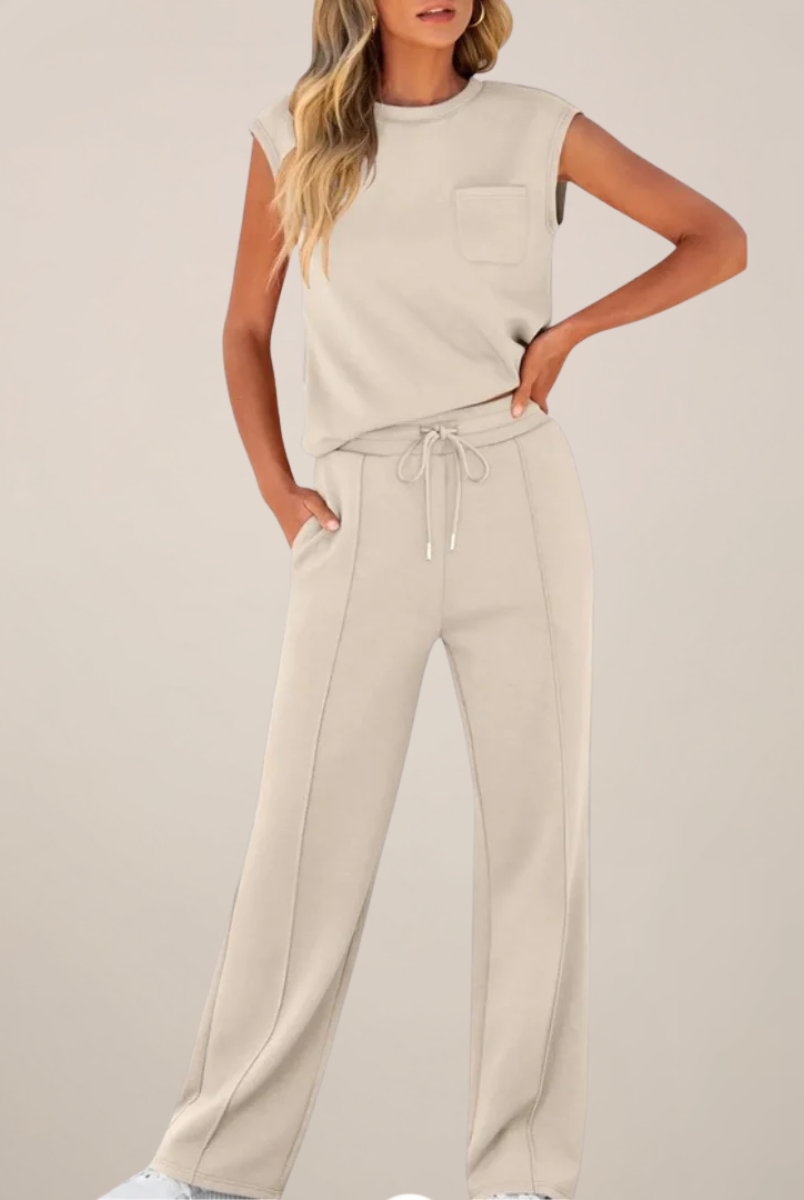 Black Charlotte women's two-piece pants set with relaxed fit and drawstring waist from Lumina Wear, casual and comfortable.