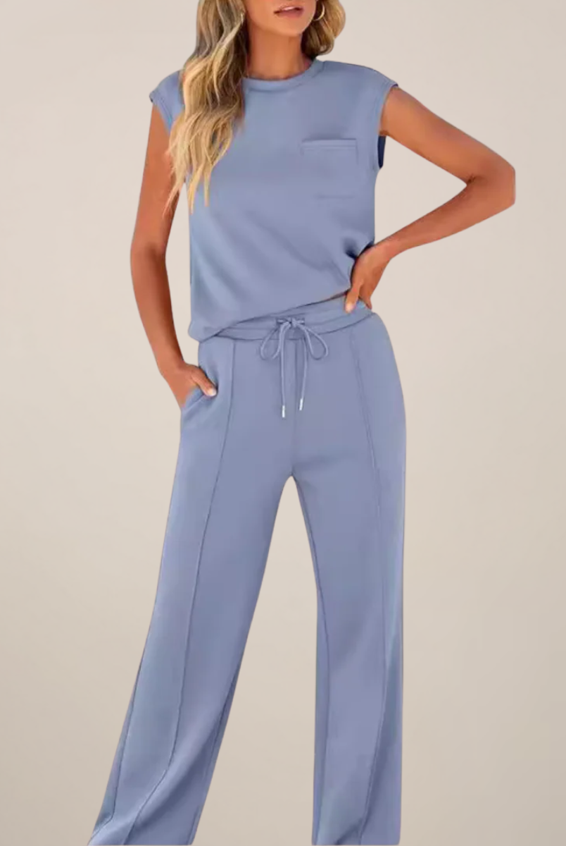 Charlotte relaxed fit two-piece pants set with drawstring from Lumina Wear, black women's casual outfit with comfortable fit.