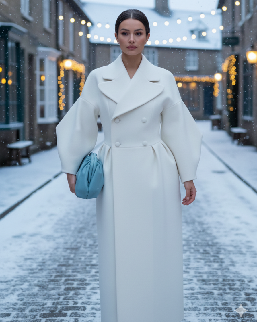 White Lumina Wear double-breasted structured coat dress with tailored fit, featuring a stylish collar and button details.