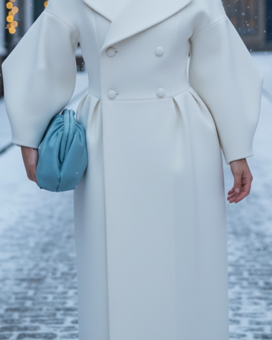 White Lumina Wear double-breasted structured coat dress, tailored fit, with lapels and long sleeves, stylish and sophisticated.