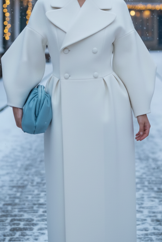 White Lumina Vancouver double-breasted structured coat dress, stylish and tailored for a sophisticated look.