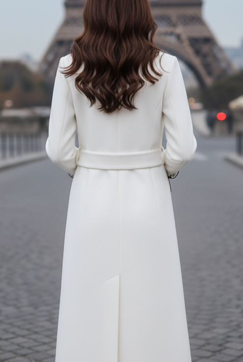 Long white coat by Lumina Vancouver, featuring a chic design, tailored fit, and soft fabric for stylish winter wear.