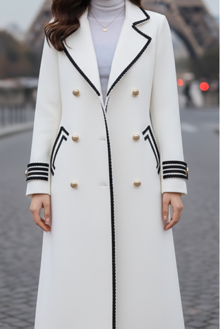 Long white coat by Lumina Vancouver, Chic collection, featuring a stylish, tailored design and sleek white fabric.