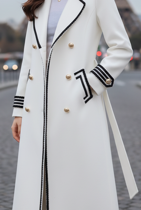 Long white coat by Lumina Vancouver, stylish Chic design, tailored fit, and elegant fabric, ideal for sophisticated winter fashion.