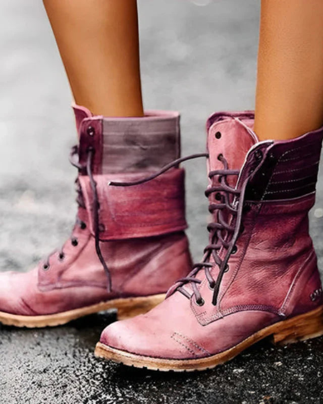 Black Chloe Rugged Lace-Up Combat Boots for Women by Lumina Wear, featuring sturdy design and chunky soles.