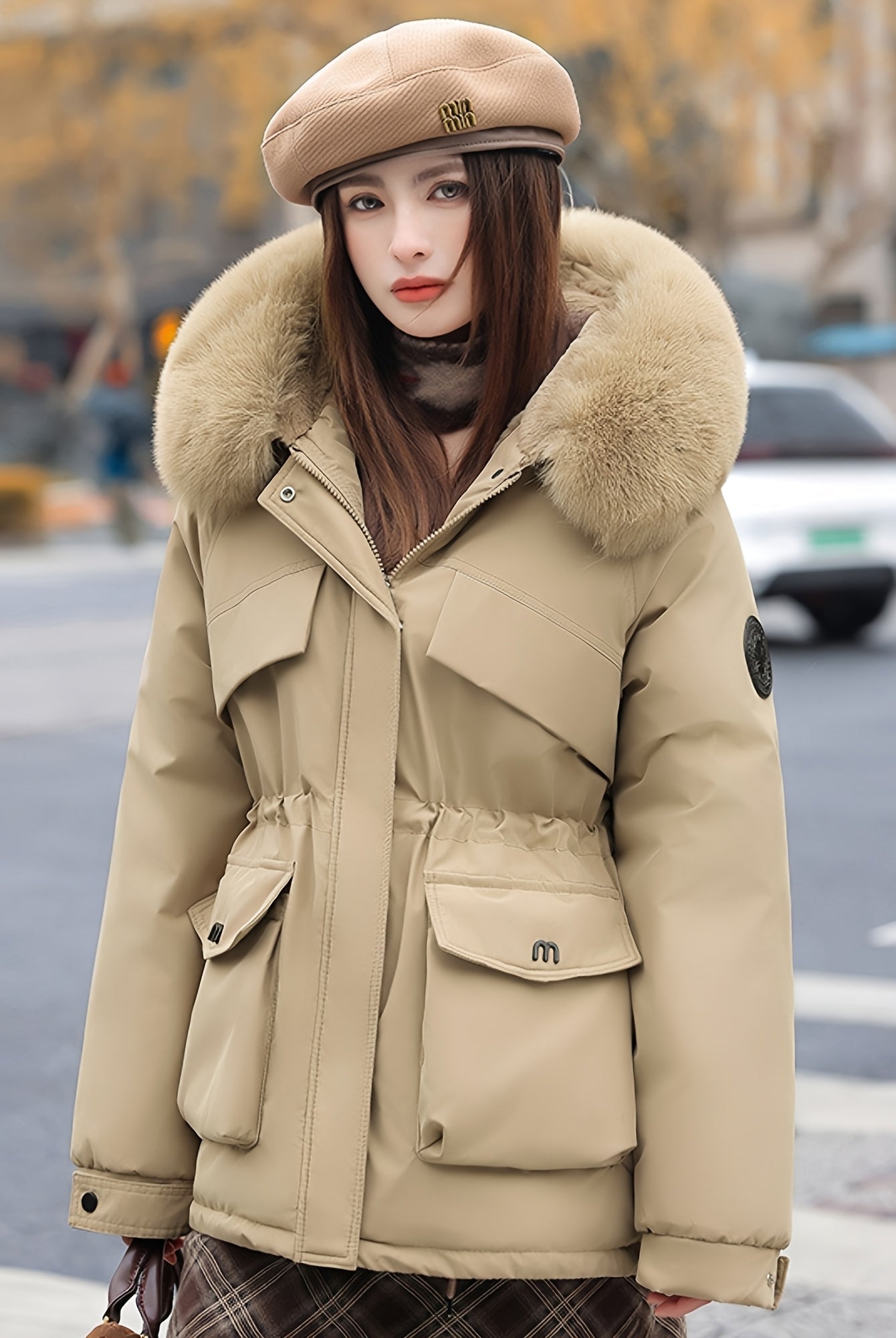 Lumina Wear Chloe utility parka jacket with faux-fur collar in khaki, featuring a stylish and functional design for cold weather.