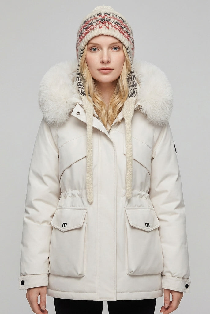 Lumina Wear Chloe utility parka jacket in khaki with faux-fur collar, stylish winter coat for women, XS size.