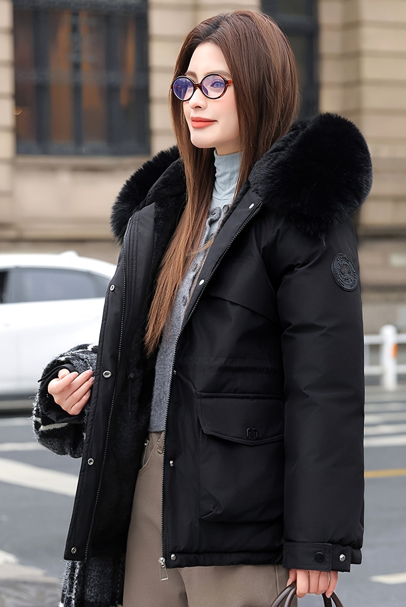 Lumina Wear Chloe utility parka jacket with faux-fur collar in khaki, featuring a stylish, casual design with adjustable waist.