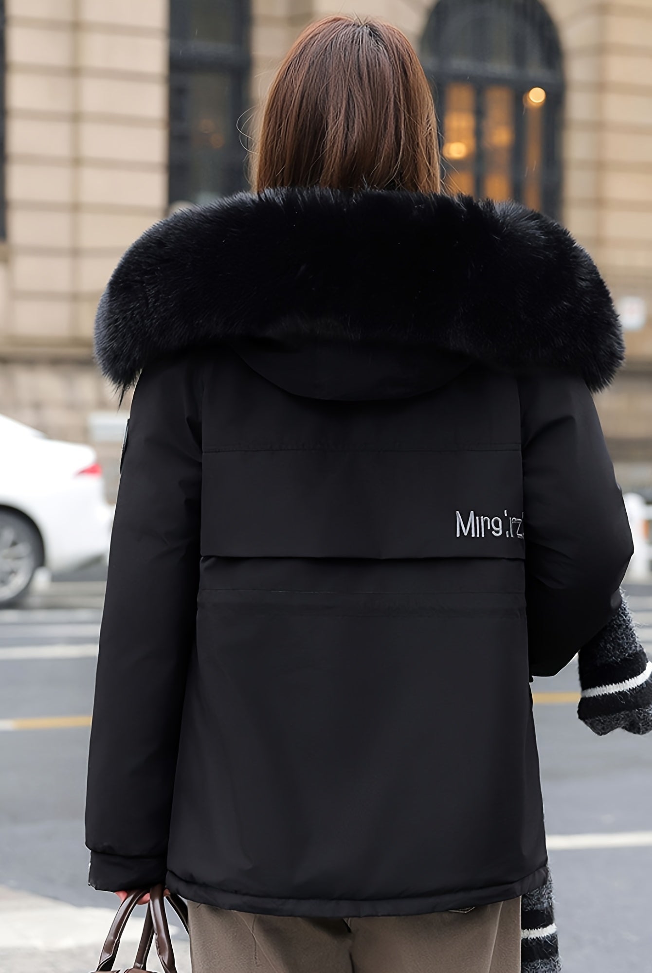 Khaki Chloe Lumina Wear utility parka jacket with faux-fur collar, front pockets, and adjustable waist, stylish winter outerwear.