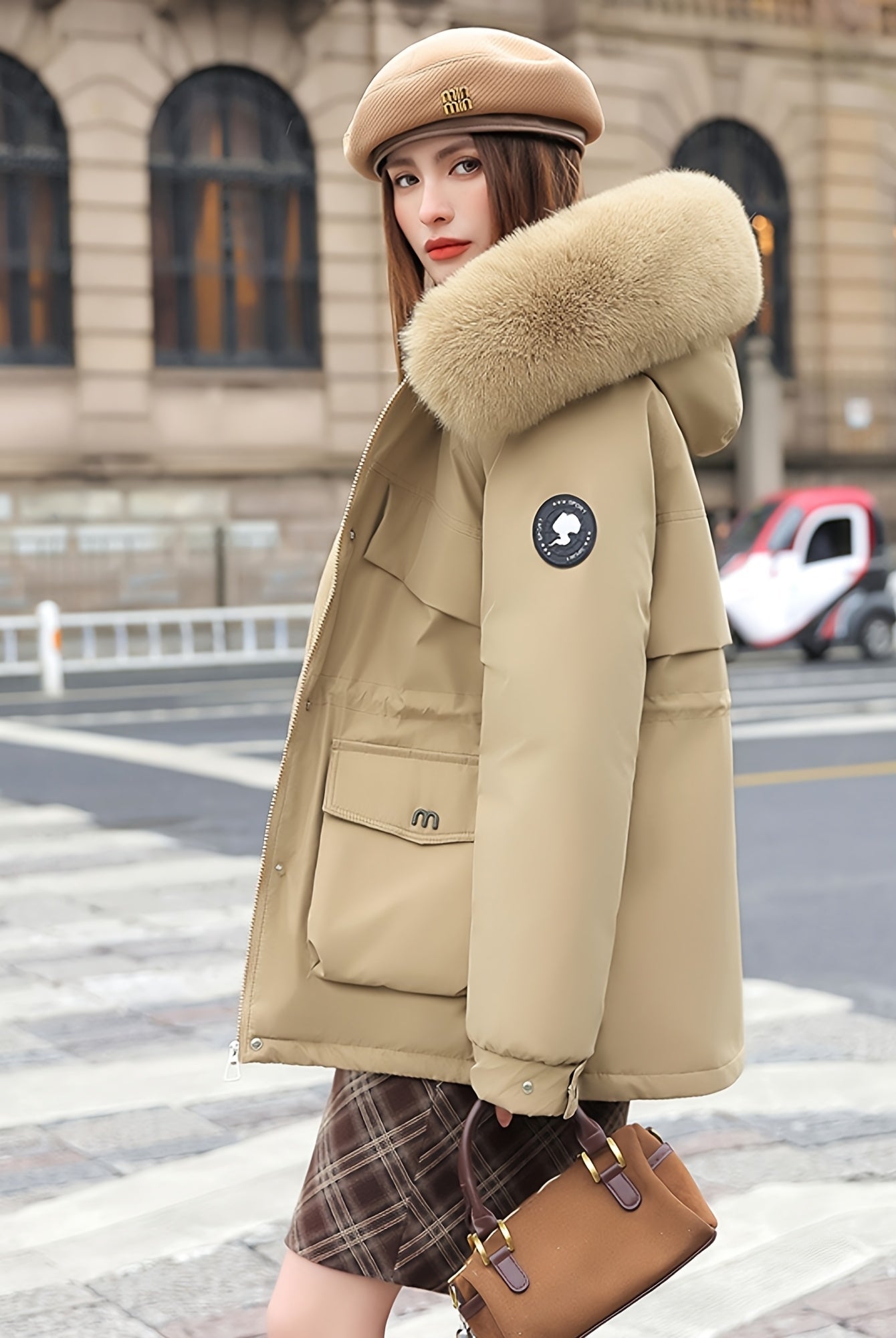 Lumina Wear Chloe utility parka jacket in khaki with faux-fur collar, featuring a stylish design and practical details.