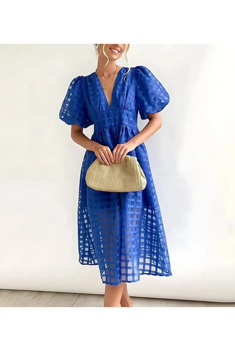 Pink Cindy classic patterned puff sleeve midi dress by Lumina Vancouver, showcasing a stylish design and elegant fit.