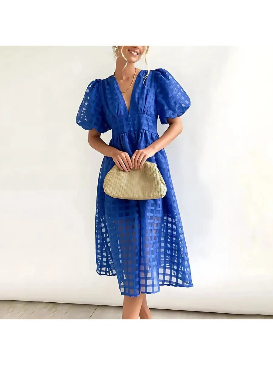 Pink Cindy classic patterned puff sleeve midi dress by Lumina Vancouver, showcasing a stylish design and elegant fit.