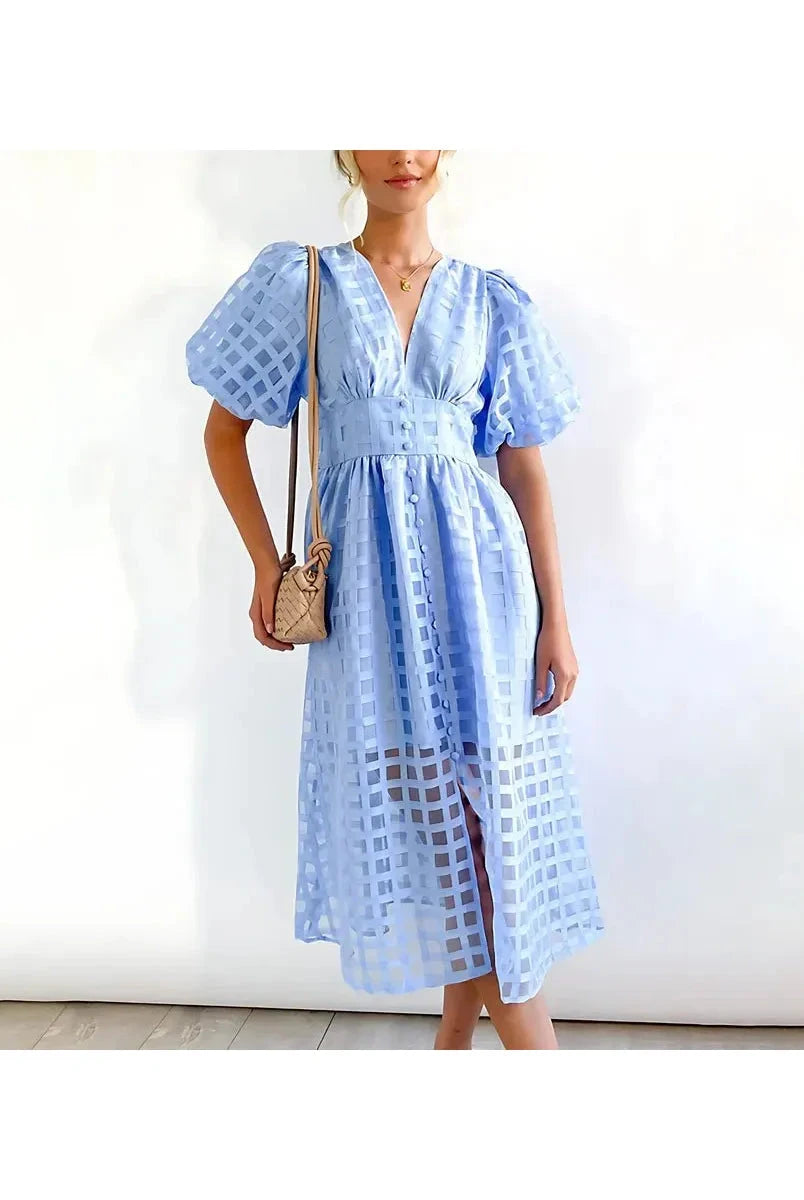 Pink Cindy midi dress by Lumina Vancouver featuring classic patterns and puff sleeves, perfect for elegant daytime wear.