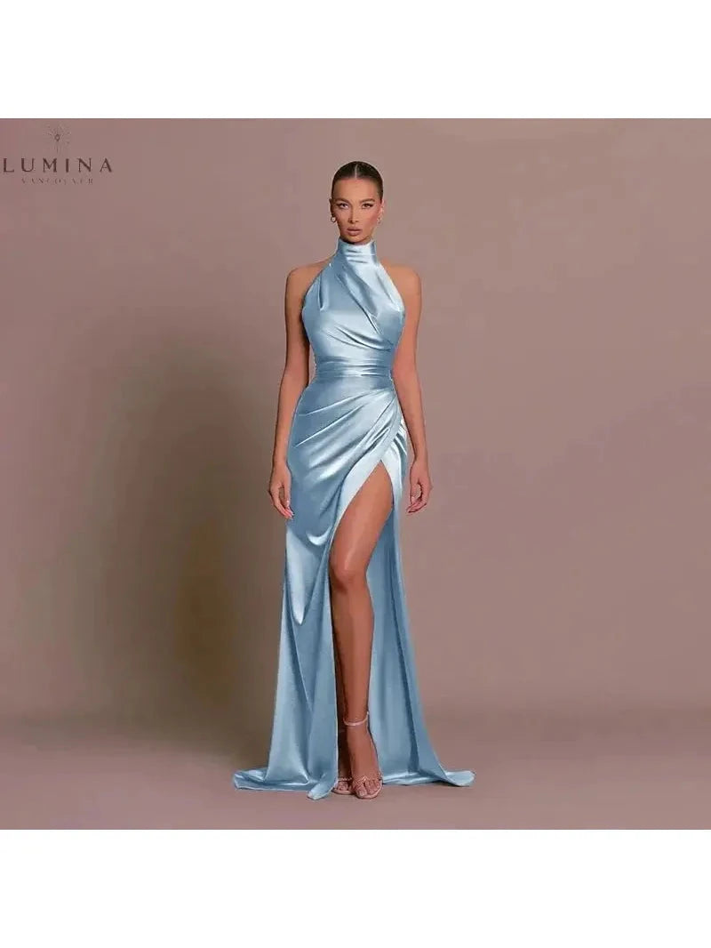 Pink Cleo Sleek Slit Gown by Lumina Vancouver, elegant wedding guest dress with a stylish slit, perfect for special occasions.