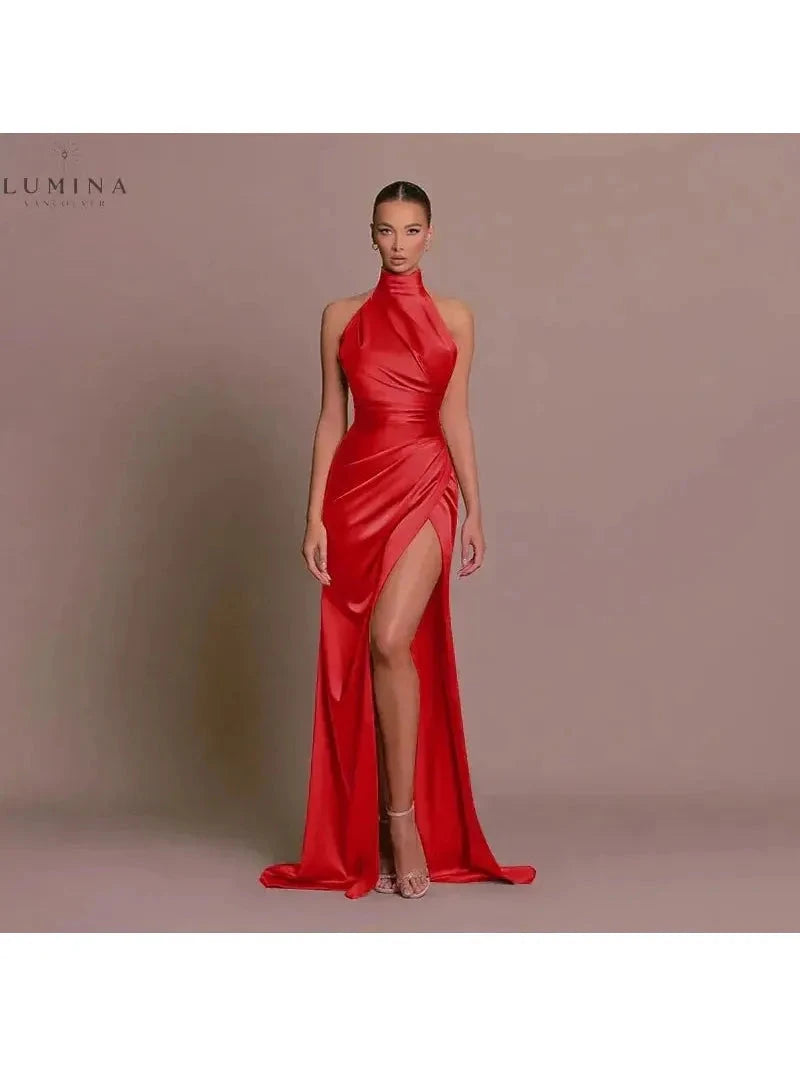 Pink Cleo sleek slit gown by Lumina Vancouver, elegant wedding guest dress with a stylish slit, perfect for formal occasions.