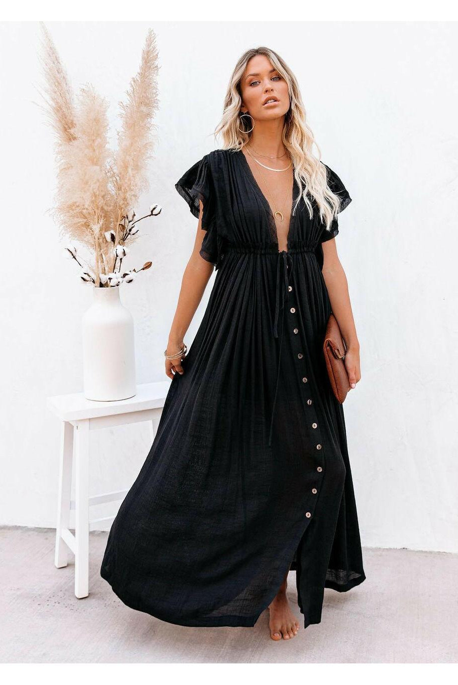 Black Coleen Airy Maxi Dress by Lumina Wear, flowing and lightweight, one-size, perfect for casual or dressy occasions.