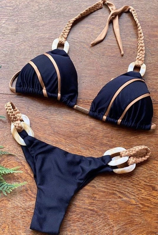 Contrast color stripe Roman-kont bikini set by Lumina Vancouver featuring a cyan bikini top and bottom with bold stripe design.