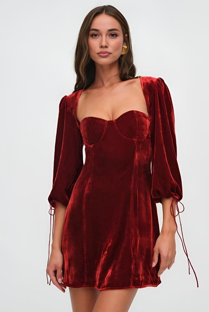 Maroon velvet mini dress with puff sleeves by Lumina Vancouver, featuring a fitted silhouette and stylish design.