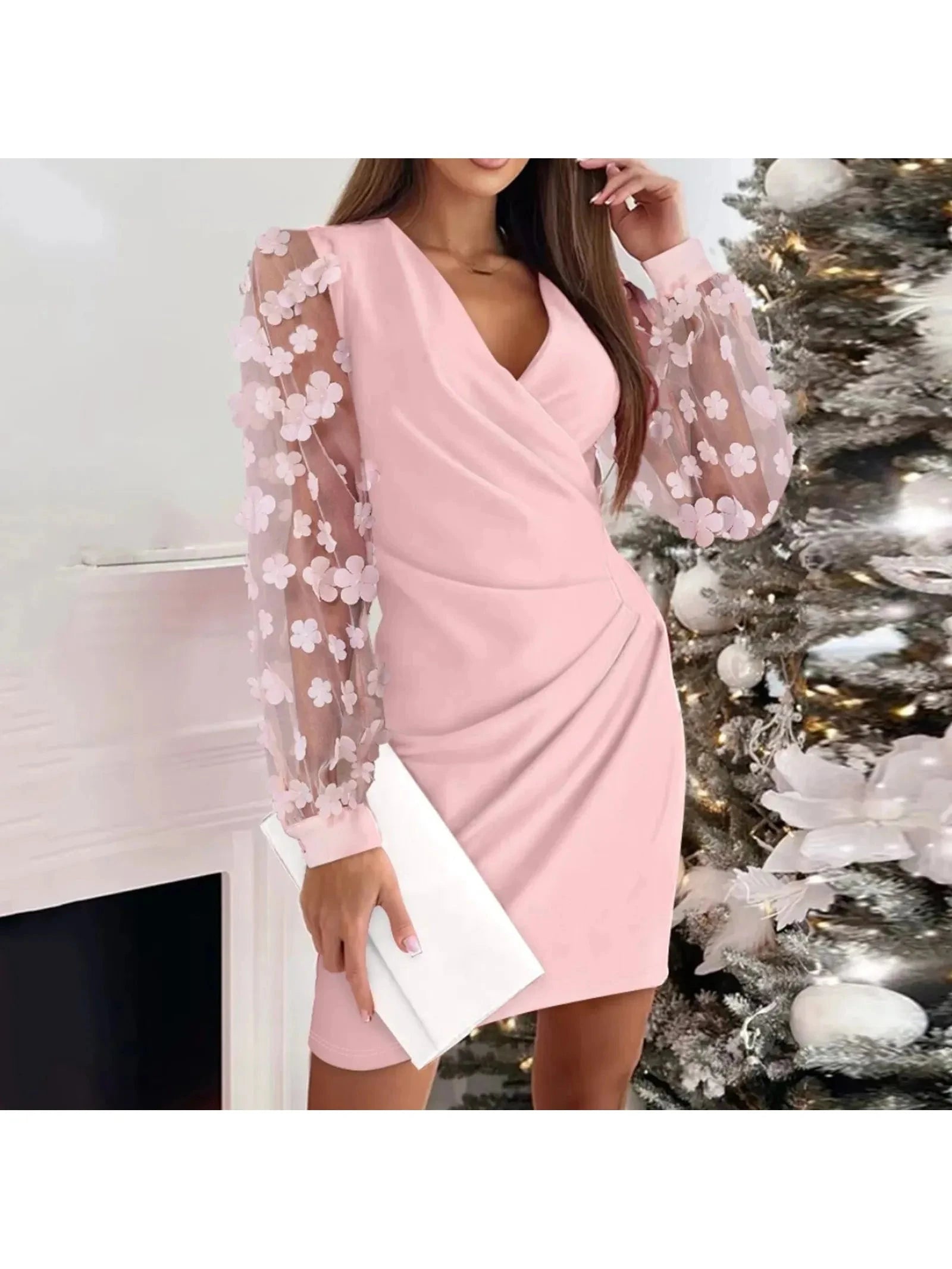 Black Cristina™ Elegant Sleeve Wrap Dress by Lumina Vancouver featuring pearl sleeves, stylish and sophisticated for special occasions.