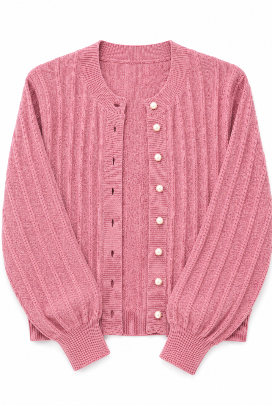 Lumina Wear Sophia cozy pink knit cardigan with open front, soft and stylish sweater for casual wear.