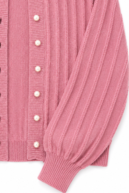 Lumina Wear Sophia pink knit cardigan with open front, cozy sweater featuring long sleeves and a relaxed fit.