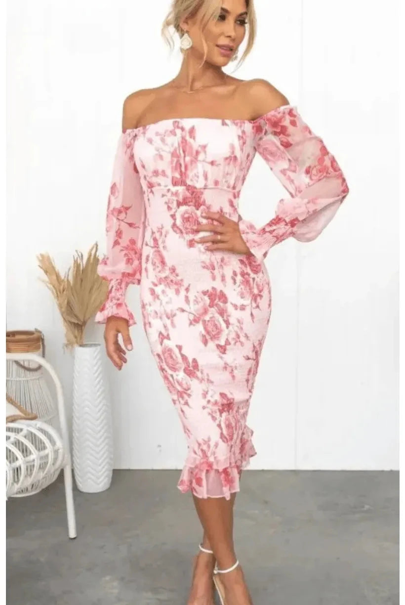 Pink Dahlia off-shoulder midi dress by Lumina Vancouver, featuring a stylish and elegant design with a fitted bodice and flowing skirt.