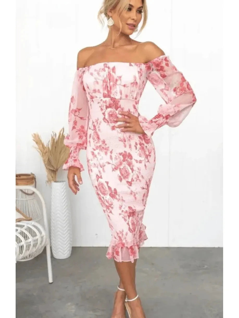 Pink Dahlia off-shoulder midi dress by Lumina Vancouver, featuring a stylish and elegant design with a fitted bodice and flowing skirt.