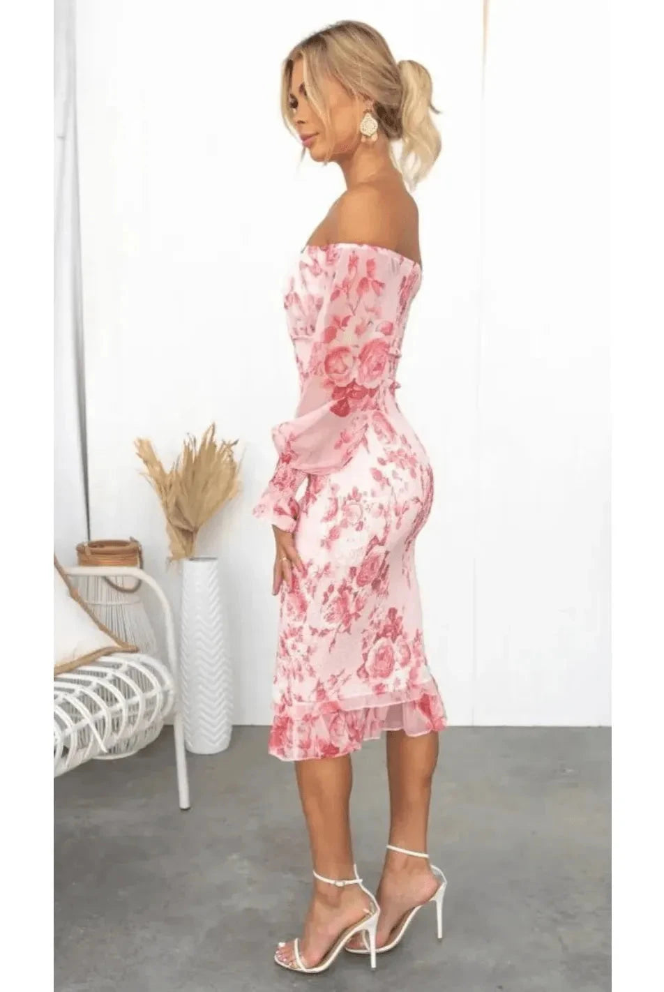 Pink Dahlia off-shoulder midi dress by Lumina Vancouver, featuring a stylish and elegant design with a fitted bodice and flowing skirt.