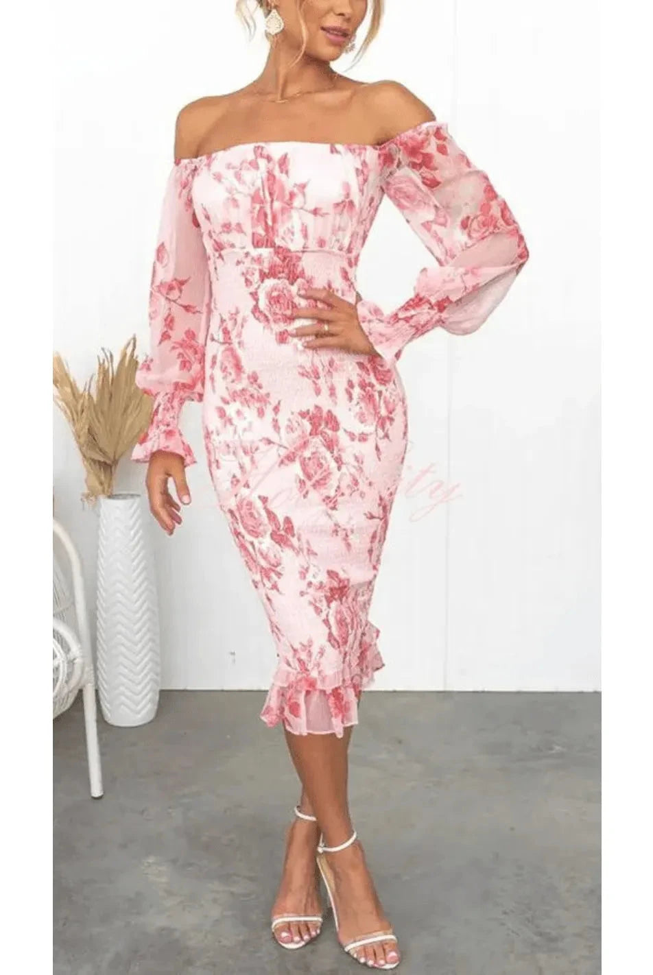 Pink Dahlia off-shoulder midi dress by Lumina Vancouver, featuring a stylish design and elegant fit, perfect for special occasions.