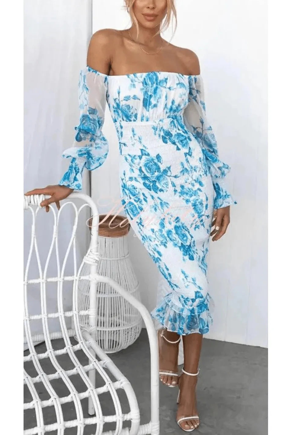 Pink Dahlia off-shoulder midi dress by Lumina Vancouver, elegant dress with a flowing silhouette and stylish off-shoulder design.