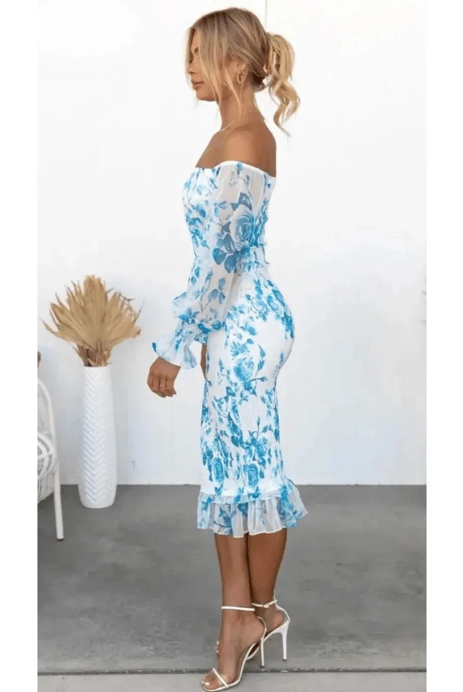 Pink Dahlia off-shoulder midi dress by Lumina Vancouver, featuring a stylish, elegant design with a fitted bodice and flowing skirt.