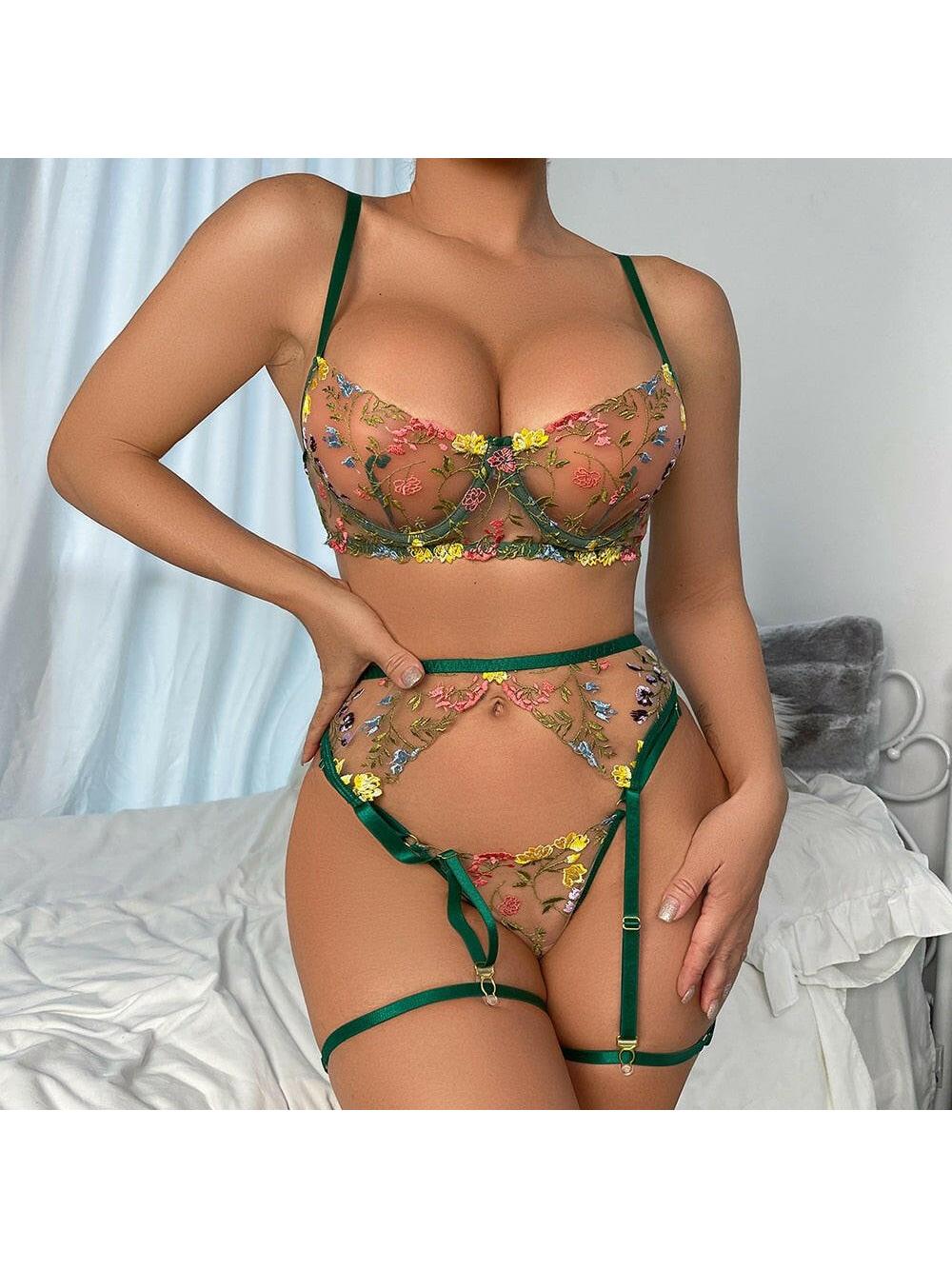 Yellow Daisy 3-piece French lingerie set by Lumina Vancouver featuring sexy lace bra and panty with matching garter belt.