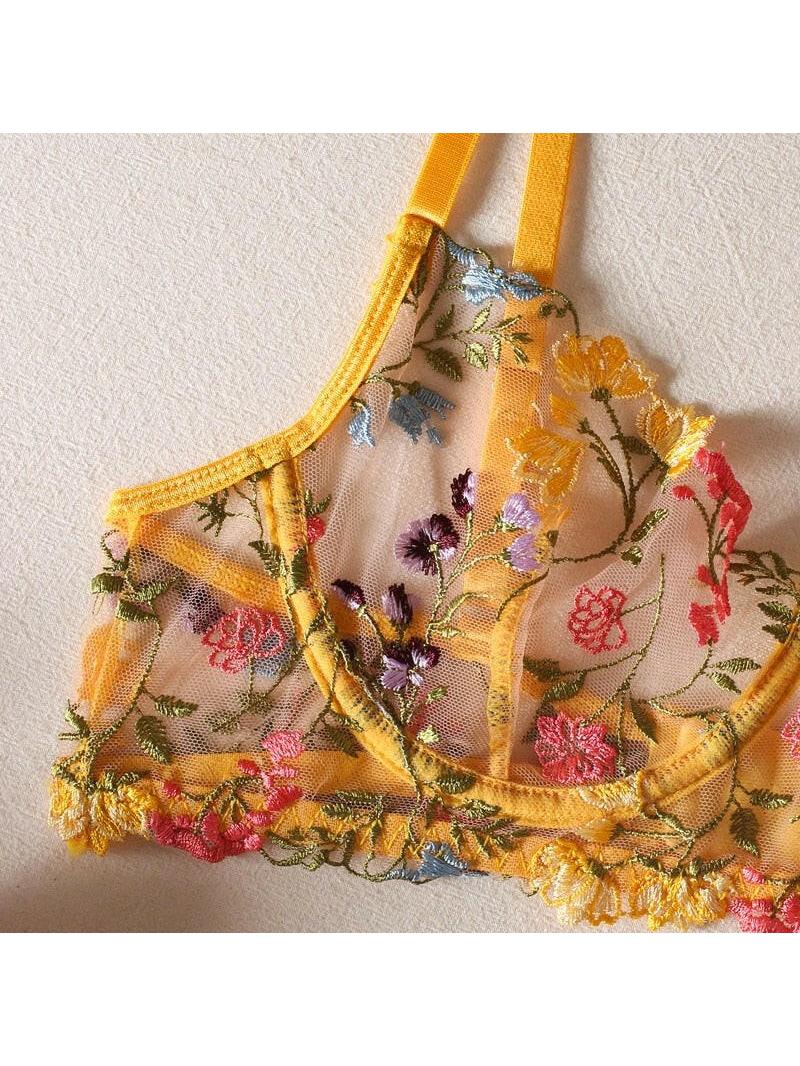 Yellow Daisy 3-piece French lingerie set by Lumina Vancouver featuring sexy lace details and delicate design.