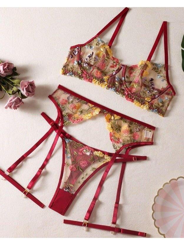 Yellow Daisy 3-piece French lingerie set by Lumina Vancouver, includes bra, panties, and garter belt with delicate lace details.