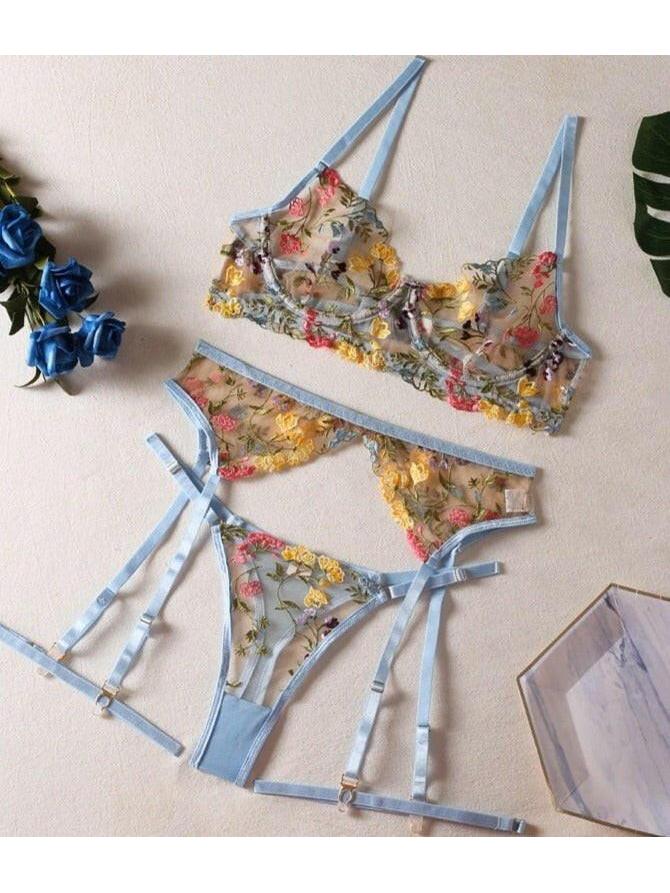 Yellow Daisy 3-piece French lingerie set by Lumina Vancouver featuring sexy, delicate lace and satin details.