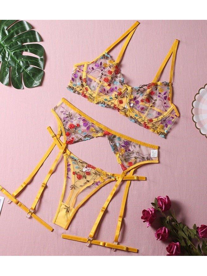 Yellow Daisy 3-piece French lingerie set by Lumina Vancouver featuring sexy lace details and feminine styling.