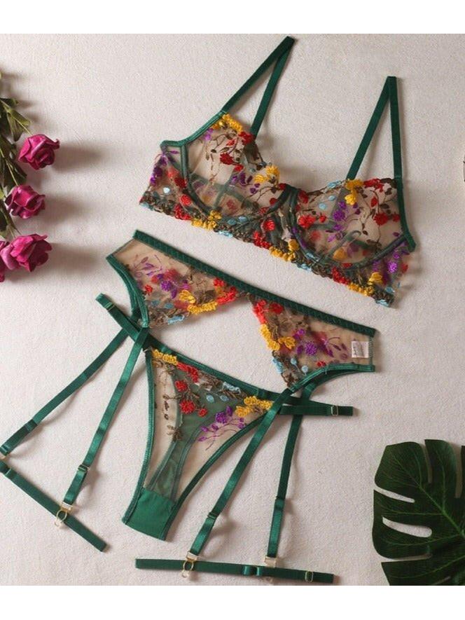 Yellow Daisy 3-piece French lingerie set by Lumina Vancouver, featuring sexy lingerie with delicate lace and feminine design.