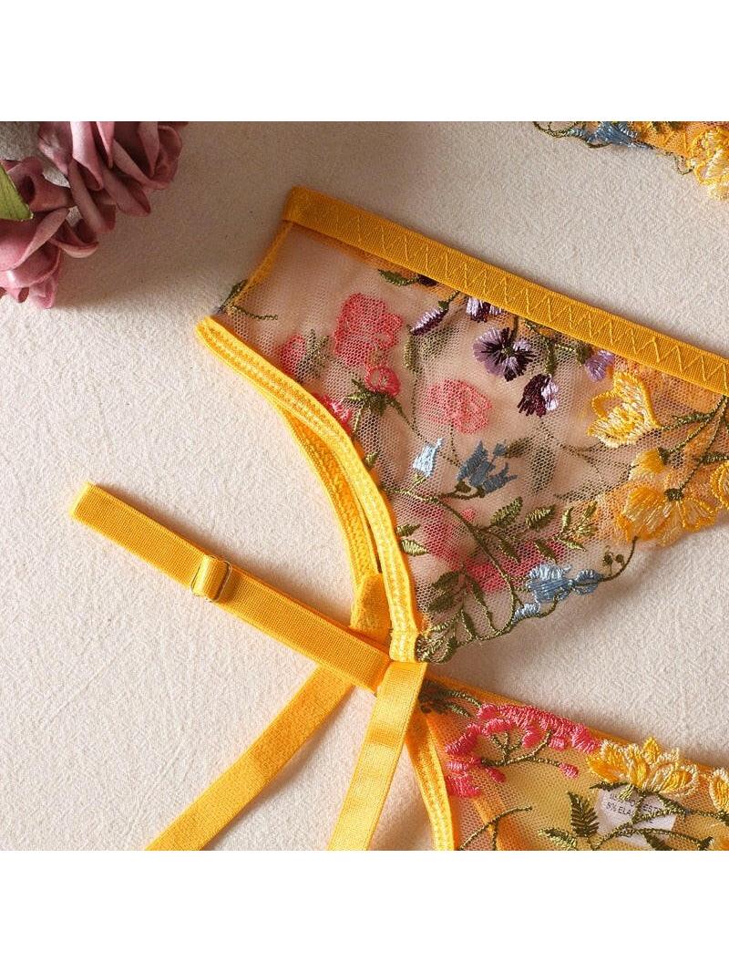 Yellow Daisy 3-piece French lingerie set by Lumina Vancouver featuring sexy lace and satin details.
