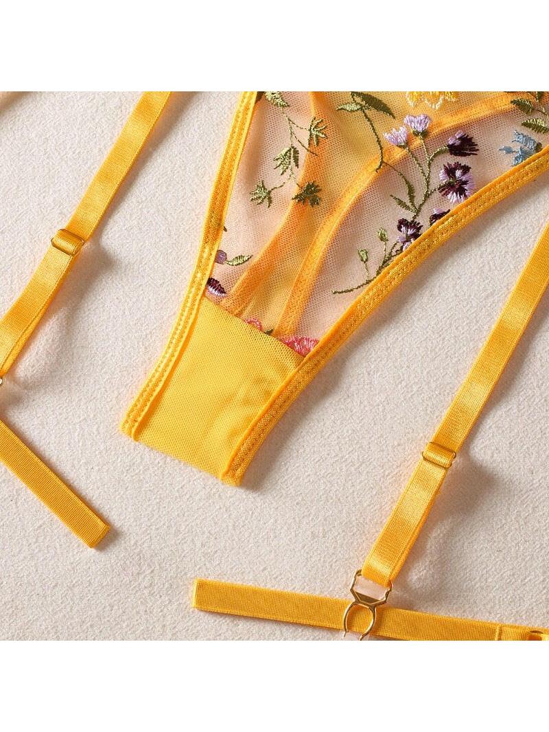 Yellow Daisy 3-piece French lingerie set by Lumina Vancouver featuring sexy, delicate lace and floral details.