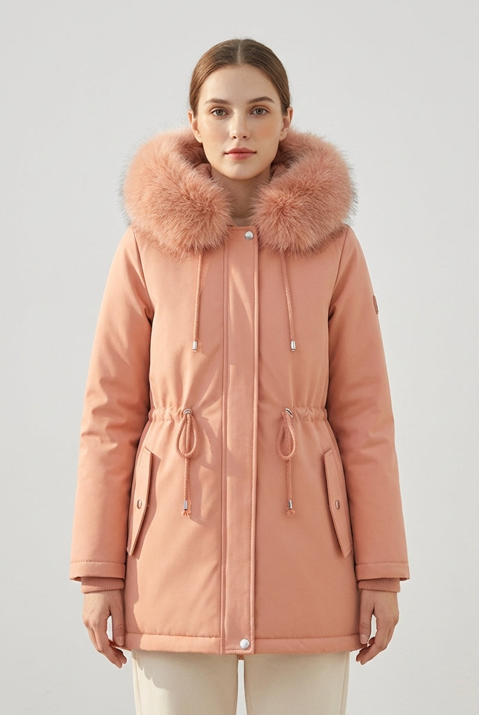 Daisy Lumina Wear cozy faux-fur lined parka coat with adjustable fit in tangerine, shown in XS size.