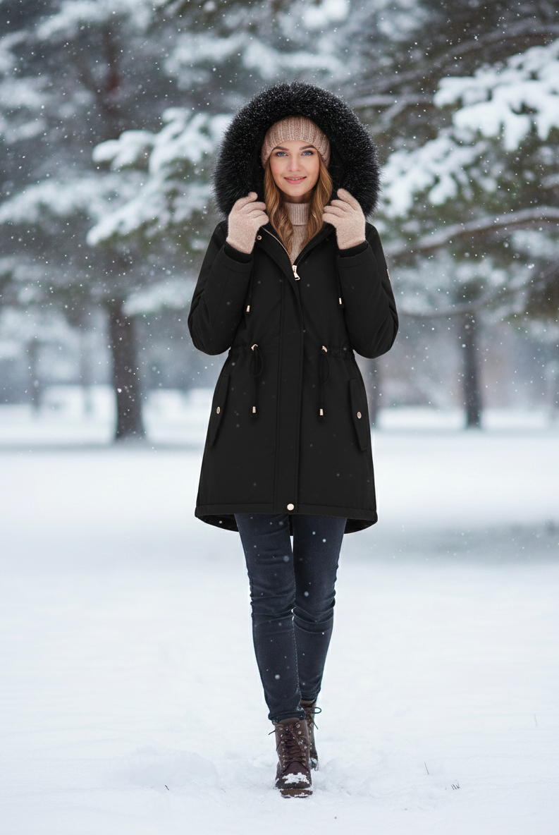 Daisy Lumina Wear cozy faux-fur lined parka coat with adjustable fit in tangerine, shown in size XXS.
