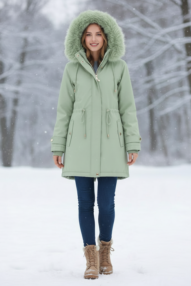 Daisy Lumina Wear cozy faux-fur lined parka coat in tangerine with adjustable fit, shown in XS size.