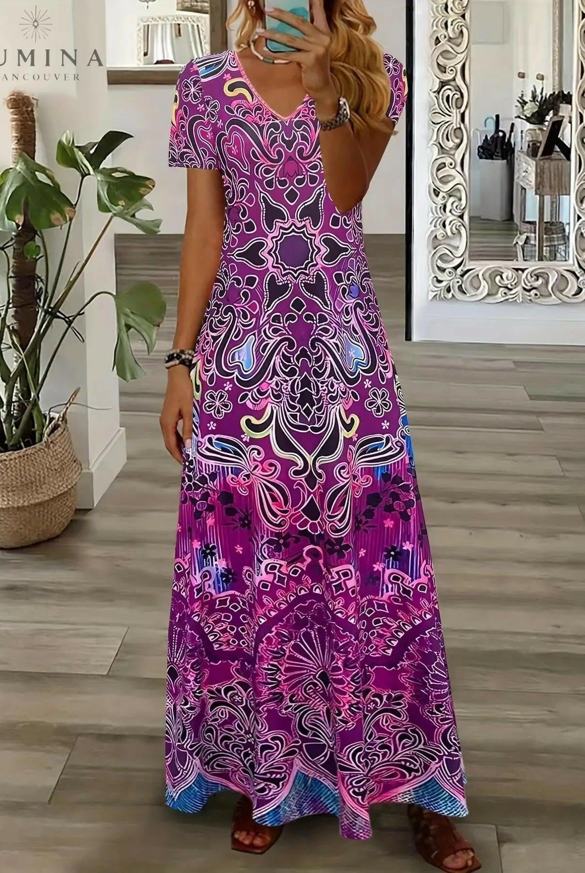 Red Daisy vintage V-neck dress by Lumina Vancouver, featuring a classic silhouette and elegant design.