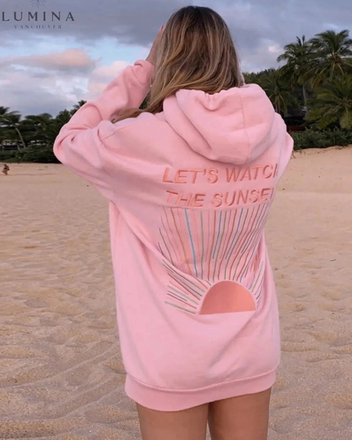 White Dalia Sunset Hoodie by Lumina Wear, featuring sunset-inspired design and comfortable hoodie style.