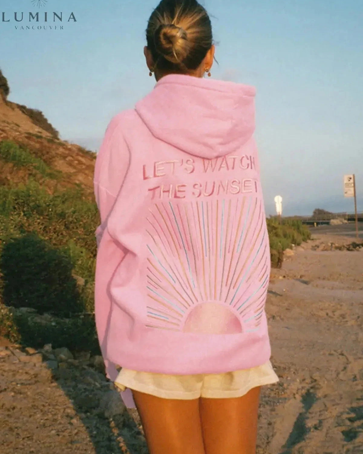 White Dalia Sunset Hoodie by Lumina Wear featuring a sunset graphic on soft fabric, size S, designed for comfortable casual wear.