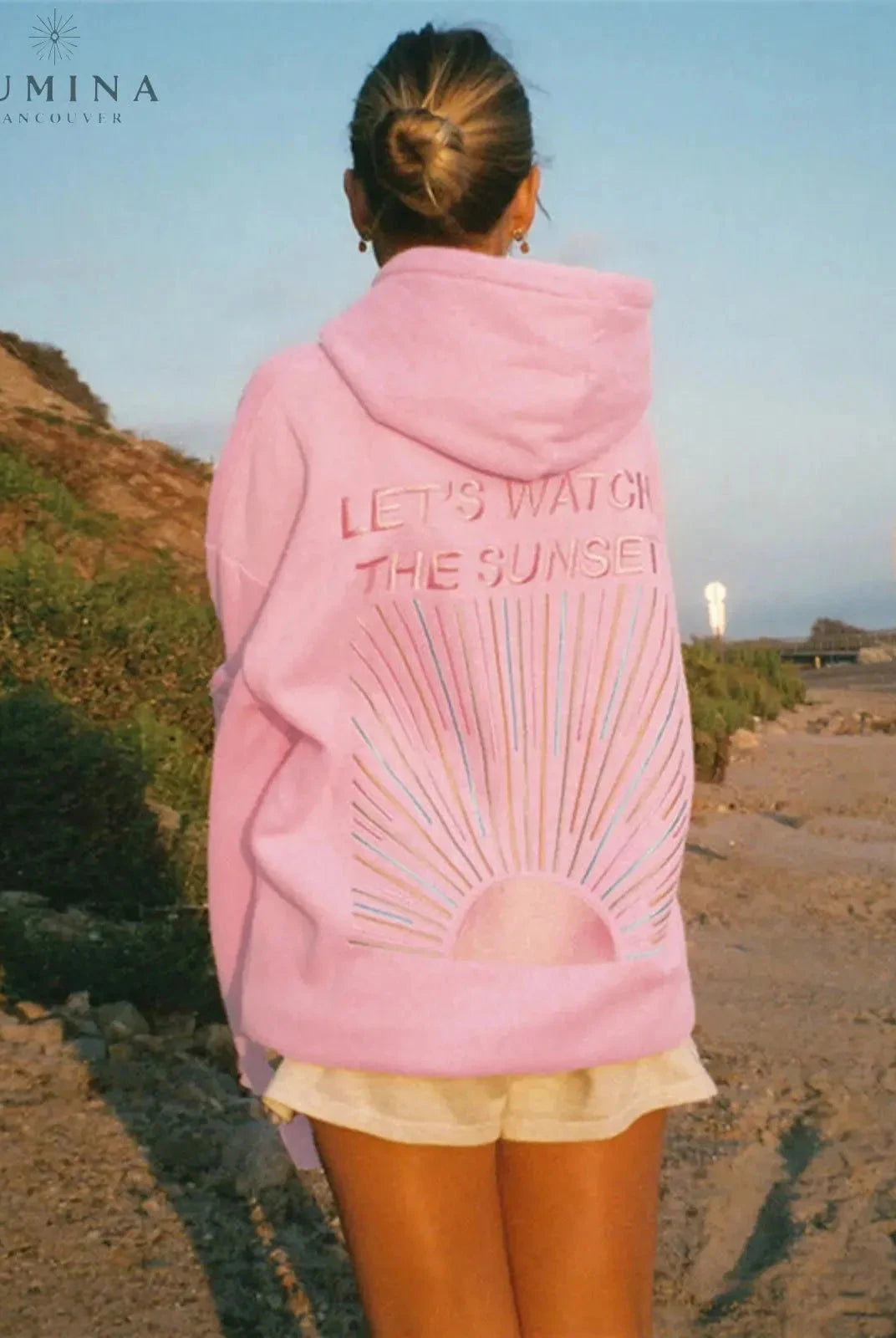 White Dalia Sunset Hoodie by Lumina Wear featuring a sunset graphic on soft fabric, size S, designed for comfortable casual wear.