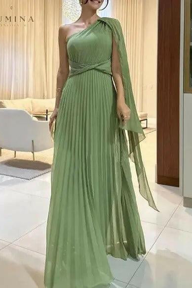 Yellow off-shoulder pleated maxi dress by Lumina Wear, elegant evening dress suitable for weddings and formal occasions.