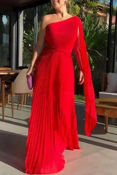 Yellow off-shoulder pleated maxi dress by Lumina Wear, elegant evening dress perfect for wedding guest attire