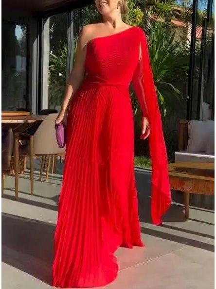 Yellow Dalila off-shoulder pleated maxi dress by Lumina Vancouver, perfect for wedding guests, shown on a model.